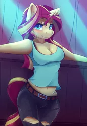 Size: 2200x3200 | Tagged: safe, artist:ardail, derpibooru import, sunset shimmer, anthro, unicorn, belly button, blushing, breasts, cleavage, clothes, concert, female, jeans, looking at you, mare, midriff, pants, ripped jeans, solo, stage, tanktop