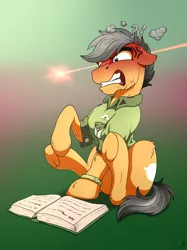 Size: 3057x4096 | Tagged: safe, artist:lupiarts, derpibooru import, quibble pants, earth pony, pony, absurd resolution, angry, book, clothes, frog (hoof), hoofbutt, male, rage, reading, signature, sitting, solo, stallion, teeth, underhoof