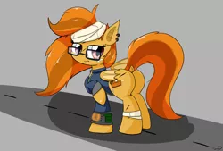 Size: 3496x2362 | Tagged: safe, artist:taurson, derpibooru import, oc, oc:pumpkin spice, bat pony, pony, fallout equestria, bat pony oc, bat wings, clothes, dock, ear piercing, fanfic art, female, looking back, mare, piercing, pipbuck, raised hoof, solo, wings