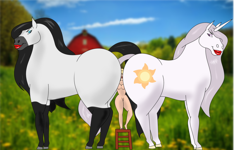 Size: 1114x717 | Tagged: questionable, artist:bigboy4025, derpibooru import, princess celestia, oc, oc:luna, horse, human, pony, unicorn, princess molestia, barn, bedroom eyes, breasts, butt crush, censored, female, females only, field, horse butt, human on hoers action, human on horse action, interspecies, lesbian, lipstick, nipples, nudity, realistic, tinkerbell