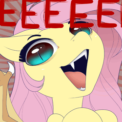 Size: 1000x1000 | Tagged: safe, artist:evehly, derpibooru import, fluttershy, bat pony, pony, animated, bat ponified, cute, eeee, fangs, female, floppy ears, flutterbat, gif, looking at you, mare, meme, open mouth, race swap, shyabates, shyabetes, slit eyes, smiling, solo, spread wings, sunburst background, text, triggered, vibrating, wings, wrong eye color
