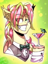 Size: 1800x2351 | Tagged: safe, artist:crimmo, artist:drizziedoodles, derpibooru import, oc, oc:berry limeade, bat pony, pony, abstract background, alcohol, bat pony oc, bat wings, bowtie, clothes, cocktail, drink, grin, male, nameplate, shirt, smiling, vest, wings