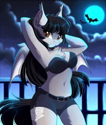 Size: 3401x3993 | Tagged: safe, artist:airiniblock, derpibooru import, oc, unofficial characters only, anthro, bat pony, adorasexy, anthro oc, armpits, bat pony oc, bat wings, belly button, breasts, chest fluff, cleavage fluff, clothes, commission, cute, female, full moon, mare, midriff, moon, night, rcf community, sexy, shorts, slit eyes, slit pupils, solo, stars, wings