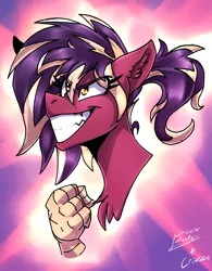 Size: 2653x3399 | Tagged: abstract background, artist:crimmo, artist:drizziedoodles, bust, derpibooru import, female, fist, grin, hippogriff, oc, oc:oxide, ponytail, safe, smiling, talons