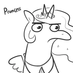 Size: 1650x1650 | Tagged: safe, artist:tjpones, derpibooru import, princess celestia, alicorn, pony, bust, crown, distorted, female, frown, glare, grumpy, jewelry, mare, monochrome, portrait, prumcess, regalia, simple background, solo, spread wings, text, unamused, wat, white background, why the long face, wings