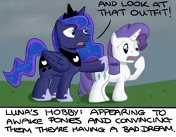 Size: 1080x840 | Tagged: safe, artist:hoofclid, derpibooru import, princess luna, rarity, alicorn, pony, unicorn, duo, ethereal mane, female, hobby, hoof shoes, mare, pointing, prank, starry mane, xkcd