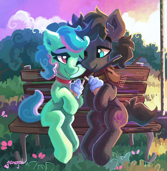 Size: 1600x1637 | Tagged: safe, artist:saxopi, derpibooru import, oc, oc:bikey, oc:pi, unofficial characters only, earth pony, pony, bench, food, grass, ice cream, pikey