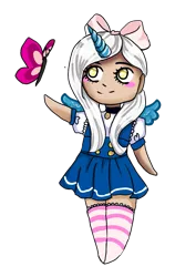 Size: 751x1063 | Tagged: alicorn, alicorn oc, anthro, artist:claritycat17, bow, butterfly, clothes, derpibooru import, female, hair bow, horn, mare, oc, oc:fleurbelle, ribbon, safe, simple background, socks, solo, striped socks, transparent background, unofficial characters only, wings