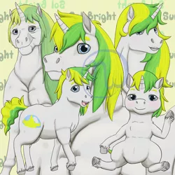 Size: 1024x1024 | Tagged: safe, artist:azurllinate, derpibooru import, oc, oc:sol bright, oc:sunshine giggles, unofficial characters only, pony, unicorn, age progression, blue eyes, blushing, buff, bulky, chest fluff, cloven hooves, colt, defined chest, faded mane, female, foal, green hair, male, mare, muscles, older, rule 63, smiling, stallion, thick neck, two toned mane, two toned tail, wavy tail, wide hips, wrinkles, yellow hair