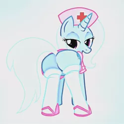 Size: 894x894 | Tagged: suggestive, artist:pyruvate, derpibooru import, edit, editor:undeadponysoldier, trixie, pony, unicorn, bedroom eyes, butt, clothes, female, hat, mare, nurse hat, nurse outfit, plot, shoes, socks, stockings, stupid sexy trixie, thigh highs