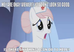 Size: 668x474 | Tagged: safe, derpibooru import, edit, edited screencap, editor:undeadponysoldier, screencap, nurse redheart, earth pony, pony, applebuck season, concerned, female, hair bun, hat, looking at you, mare, nurse hat, open mouth, ponyville hospital, solo, talking to viewer