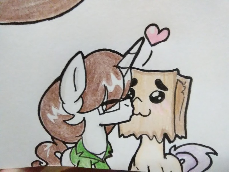 Size: 1227x920 | Tagged: safe, artist:paper view of butts, derpibooru import, oc, oc:paper bag, oc:paper butt, pony, unicorn, bag, blushing, close-up, clothes, colored, glasses, heart, horn, ink, ink drawing, jacket, kissing, paper bag, ship, shipping, simple background, traditional art