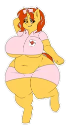 Size: 1577x2913 | Tagged: suggestive, artist:coatieyay, artist:thewindking, derpibooru import, oc, oc:cinderheart, unofficial characters only, anthro, unicorn, bbw, belly, big breasts, breasts, butt, chubby, extra thicc, fat, female, golden eyes, hat, huge breasts, huge butt, impossibly large breasts, impossibly large butt, impossibly wide hips, large butt, looking at you, nurse, nurse hat, nurse outfit, patreon, patreon reward, simple background, smiling, smirk, solo, solo female, thighs, thunder thighs, transparent background, wide hips