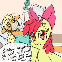 Size: 3500x3500 | Tagged: artist needed, safe, derpibooru import, apple bloom, applejack, earth pony, pony, bags under eyes, bed, dying, female, filly, floppy ears, frown, hospital, hospital bed, lidded eyes, life support, looking at you, mare, n word, no catchlights, no pupils, on back, open mouth, sad, sketch, teary eyes, wat, z-word pass, ziggers