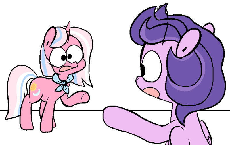 Size: 863x545 | Tagged: safe, artist:pinkiespresent, derpibooru import, clear skies, clear sky, pegasus, pony, unicorn, common ground, duo, female, looking at you, mare, open mouth, pointing, spider-man points at spider-man