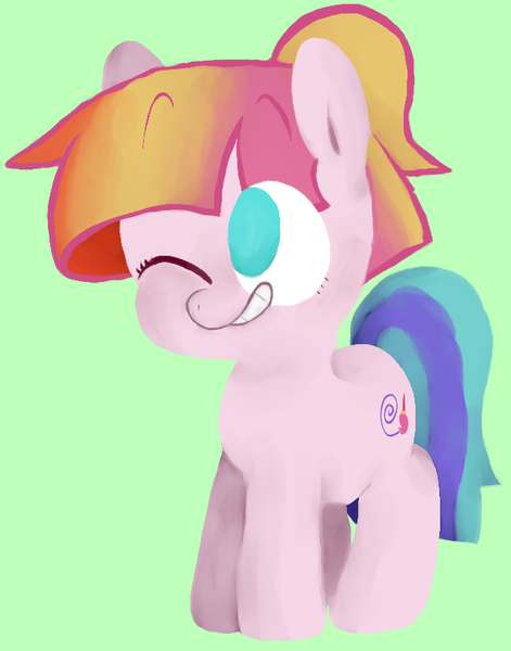 Size: 642x817 | Tagged: safe, artist:pinkiespresent, derpibooru import, toola roola, earth pony, pony, cute, female, filly, green background, no pupils, one eye closed, simple background, smiling, solo, wink
