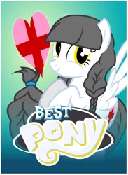 Size: 825x1125 | Tagged: safe, artist:flash equestria photography, derpibooru import, oc, oc:caring hearts, pegasus, pony, badge, best pony, cutie mark, female, lowres, mother, pigtails, smiley face, solo, twintails, wings