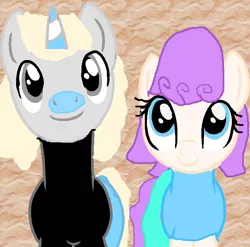 Size: 730x720 | Tagged: safe, artist:katierose45, artist:ukulelemoon, derpibooru import, ponified, earth pony, pony, unicorn, 1000 hours in ms paint, barely pony related, base used, cala maria, clothes, crossover, cuphead, looking up, mugman, shirt, shorts, studio mdhr