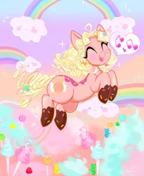 Size: 1280x1562 | Tagged: safe, artist:dexxadraws, derpibooru import, oc, oc:sugar glaze, earth pony, pony, candy, chocolate, cloud, cotton candy, diabetes, female, food, happy, lollipop, mare, rainbow, singing, sprinkles