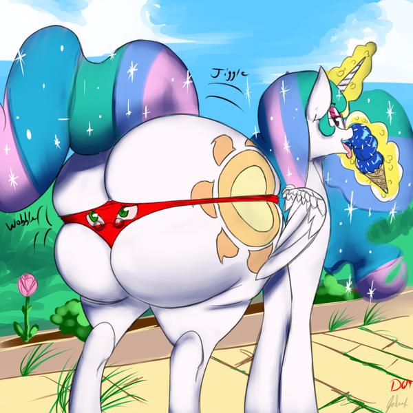 Size: 1000x1000 | Tagged: questionable, artist:thelunarmoon, artist:tracerpainter, derpibooru import, princess celestia, oc, oc:lunar moon, butt, butt jiggle, clothes, clothing transformation, collaboration, female, food, ice cream, inanimate tf, levitation, licking, looking back, magic, mare, panties, pantified, sunbutt, telekinesis, the ass was fat, thong, tight clothing, tongue out, transformation, underwear