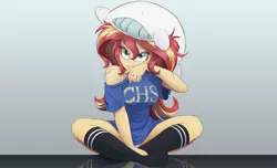 Size: 1920x1171 | Tagged: safe, artist:ncmares, derpibooru import, edit, editor:rd42, sunset shimmer, equestria girls, bra, bra strap, clothes, cute, female, panties, pillow, serious, serious face, shimmerbetes, shirt, sitting, socks, t-shirt, torn clothes, underwear, white underwear