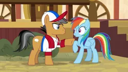 Size: 1920x1080 | Tagged: safe, derpibooru import, screencap, quibble pants, rainbow dash, earth pony, pegasus, pony, common ground, appleloosa, baseball cap, book, cap, clothes, duo, female, hat, kissy face, male, mare, out of context, raised hoof, scarf, shirt, stallion