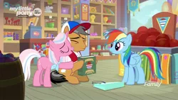 Size: 1280x720 | Tagged: safe, derpibooru import, screencap, clear sky, quibble pants, rainbow dash, earth pony, pegasus, pony, unicorn, common ground, baseball cap, book, cap, clothes, female, floppy ears, hat, male, mare, nuzzling, scarf, shirt, stallion, trio