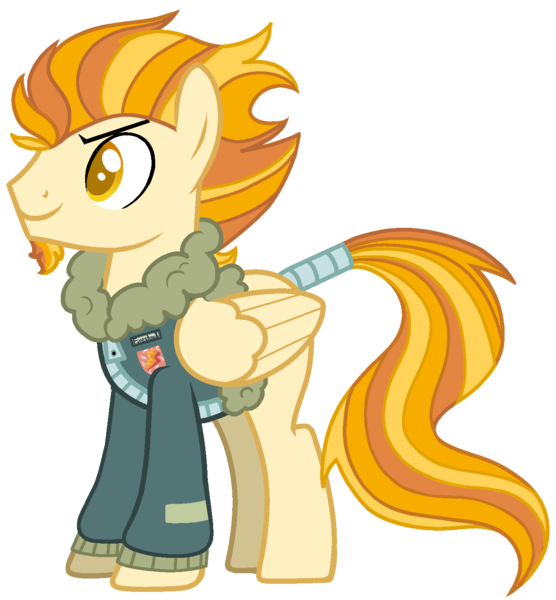 Size: 1372x1480 | Tagged: safe, artist:musical-medic, derpibooru import, oc, oc:hotshot, unofficial characters only, pegasus, pony, bomber jacket, clothes, jacket, male, offspring, parent:fire streak, parent:lightning dust, simple background, stallion, tail wrap, transparent background