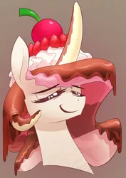 Size: 2480x3508 | Tagged: safe, artist:underpable, derpibooru import, princess celestia, ponified, candy pony, food pony, original species, pony, banana, candy, cherry, chocolate, eyes closed, female, food, ice cream, smiling, strawberry, sundae, whipped cream