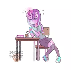 Size: 752x733 | Tagged: safe, artist:morose-muffin, derpibooru import, starlight glimmer, anthro, plantigrade anthro, unicorn, clothes, cute, desk, glimmerbetes, glowing horn, horn, kneesocks, miniskirt, moe, shoes, sitting, skirt, socks, solo, thigh highs, zettai ryouiki