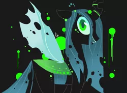 Size: 2217x1625 | Tagged: artist:pinweena30, badass, black background, changeling, changeling queen, creepy, dark, derpibooru import, evil, evil grin, female, green eyes, grin, looking at you, queen chrysalis, safe, simple background, smiling, solo