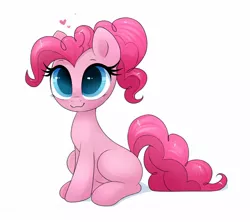 Size: 1598x1421 | Tagged: safe, artist:confetticakez, derpibooru import, pinkie pie, earth pony, pony, :3, cute, diapinkes, female, heart, mare, missing cutie mark, ponytail, simple background, sitting, smiling, solo, white background