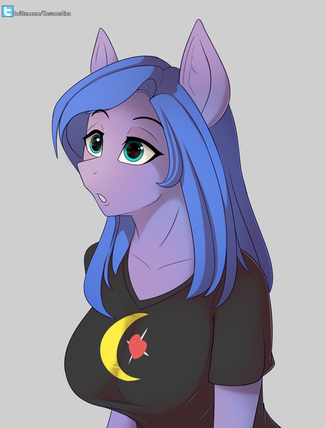 Size: 1641x2160 | Tagged: safe, artist:hevityaus, derpibooru import, oc, oc:shadow blue, unofficial characters only, anthro, anthro oc, clothes, female, mare, shirt, solo, t-shirt