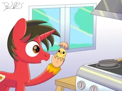 Size: 2000x1489 | Tagged: safe, artist:trackheadtherobopony, derpibooru import, oc, oc:fried egg, pony, chick, cute, egg, hatching, smiling, stove, surprised, window