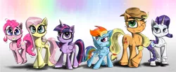 Size: 3646x1500 | Tagged: safe, artist:chopsticks, derpibooru import, applejack, fluttershy, pinkie pie, rainbow dash, rarity, twilight sparkle, twilight sparkle (alicorn), alicorn, earth pony, pegasus, pony, unicorn, adoracreepy, chest fluff, creepy, cute, dirty, diverse body types, ear fluff, elf ears, hoof fluff, insomnia, mane six, simple background, size difference, smoldash