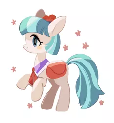 Size: 1643x1764 | Tagged: safe, artist:kuroorcas, derpibooru import, coco pommel, earth pony, pony, bag, female, mare, rearing, saddle bag, simple background, smiling, solo, stars, white background