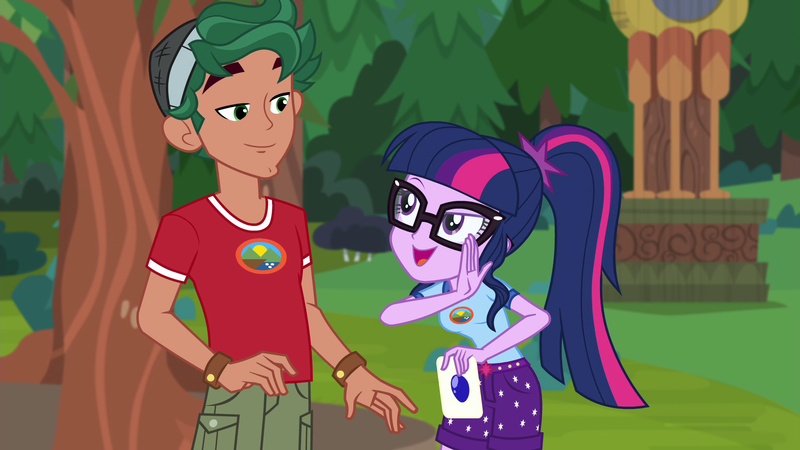 Size: 1920x1080 | Tagged: safe, derpibooru import, screencap, sci-twi, timber spruce, twilight sparkle, equestria girls, legend of everfree, camp everfree logo, camp everfree outfits, clothes, female, glasses, male, ponytail, shorts, smiling