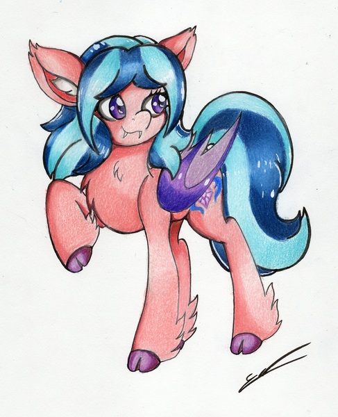 Size: 2257x2781 | Tagged: safe, artist:luxiwind, derpibooru import, oc, oc:diana, bat pony, pony, female, mare, raised hoof, solo, traditional art