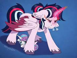 Size: 2048x1536 | Tagged: safe, artist:incendiaryboobs, derpibooru import, princess flurry heart, shining armor, twilight sparkle, twilight sparkle (alicorn), alicorn, pony, ambiguous gender, fusion, glowing horn, horn, horses doing horse things, magic, protecting, shining armor is not amused, snorting, this will end in death, twilight is not amused, unamused, unshorn fetlocks