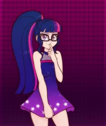 Size: 1177x1400 | Tagged: safe, artist:scorpdk, derpibooru import, sci-twi, twilight sparkle, equestria girls, equestria girls series, i'm on a yacht, spoiler:eqg series (season 2), adorasexy, clothes, cute, dress, female, glasses, human coloration, sexy, sexy egghead, skirt, skirt pull, smiling, solo