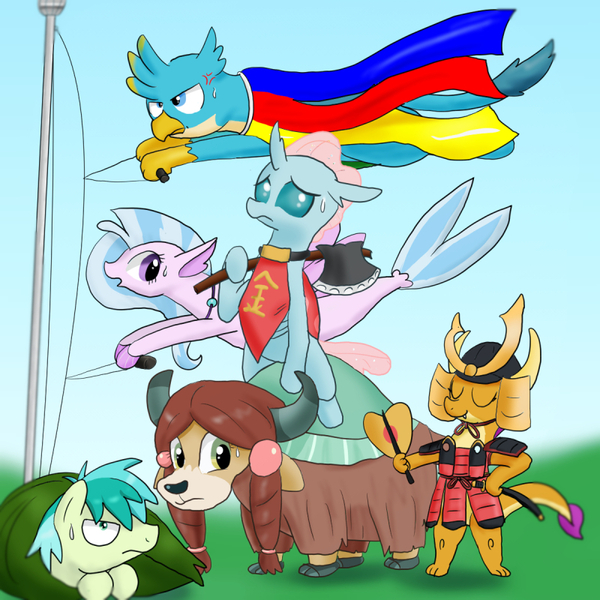 Size: 800x800 | Tagged: safe, artist:kushina13, derpibooru import, gallus, ocellus, sandbar, silverstream, smolder, yona, changedling, changeling, dragon, earth pony, gryphon, pony, seapony (g4), yak, axe, children's day, cloven hooves, colored hooves, cross-popping veins, dragoness, female, jewelry, koinobori, male, necklace, samurai, stallion, student six, sweat, sweatdrop, teenager, wat, weapon