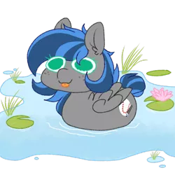 Size: 768x768 | Tagged: safe, artist:littlebibbo, derpibooru import, oc, oc:bibbo, pegasus, pony, behaving like a bird, female, freckles, mare, pegaduck, swimming, tongue out, water, water lily, wings