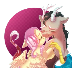 Size: 2616x2469 | Tagged: safe, artist:rizzych, derpibooru import, discord, fluttershy, draconequus, pony, boop, cute, discoshy, discute, eyes closed, female, male, noseboop, shipping, simple background, straight