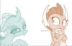 Size: 744x477 | Tagged: artist:sintakhra, bedroom eyes, cropped, derpibooru import, female, gem, implied shipping, implied smolcellus, interspecies, lesbian, ocellus, out of context, safe, shipping, shocked, smolcellus, smolder, tumblr:studentsix