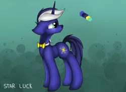 Size: 2048x1489 | Tagged: artist needed, safe, derpibooru import, oc, oc:star luck, unofficial characters only, pony, unicorn, looking back, simple background, standing