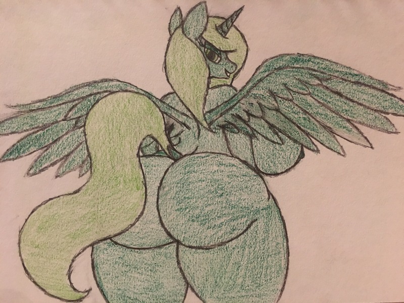 Size: 4032x3024 | Tagged: alicorn, anthro, areola, artificial alicorn, artist:rustlerustle, ass, big breasts, breasts, butt, derpibooru import, dock, fallout equestria, female, huge breasts, huge butt, impossibly large breasts, large butt, lidded eyes, looking at you, looking back, looking back at you, nipples, nudity, oc, questionable, simple background, smiling, solo, solo female, spread wings, the ass was fat, thighs, thunder thighs, traditional art, white background, wings