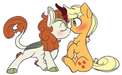 Size: 5135x3168 | Tagged: safe, artist:chub-wub, derpibooru import, applejack, autumn blaze, earth pony, kirin, pony, autumnjack, blushing, boop, cloven hooves, eyes closed, female, imminent kissing, lesbian, mare, noseboop, quadrupedal, shipping, smiling, surprised