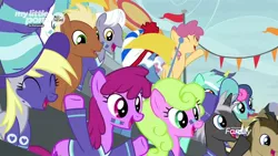 Size: 1280x720 | Tagged: safe, derpibooru import, screencap, berry punch, berryshine, bon bon, daisy, dark moon, derpy hooves, dizzy twister, doctor whooves, flower wishes, graphite, lyra heartstrings, meadow song, orange swirl, pokey pierce, royal riff, sweetie drops, time turner, pony, common ground, face paint, hat