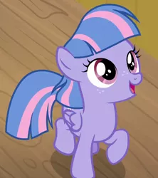 Size: 640x720 | Tagged: safe, derpibooru import, screencap, wind sprint, pegasus, pony, common ground, cropped, cute, female, filly, foal, freckles, happy, looking up, raised hoof, smiling, solo, sprintabetes