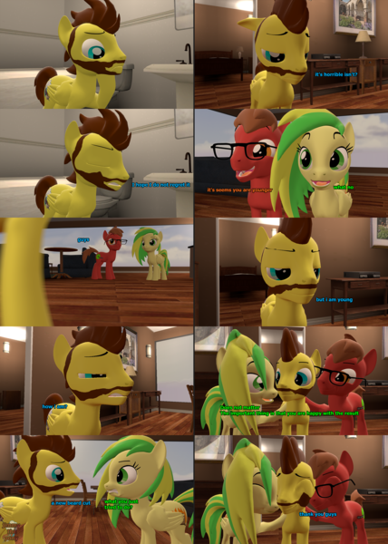 Size: 1699x2382 | Tagged: safe, artist:sky chaser, derpibooru import, oc, oc:buddy, oc:sky chaser, oc:wooden toaster, unofficial characters only, earth pony, pegasus, pony, 3d, beard, comic, dialogue, facial hair, fangs, glasses, meta, pony adventure, source filmmaker